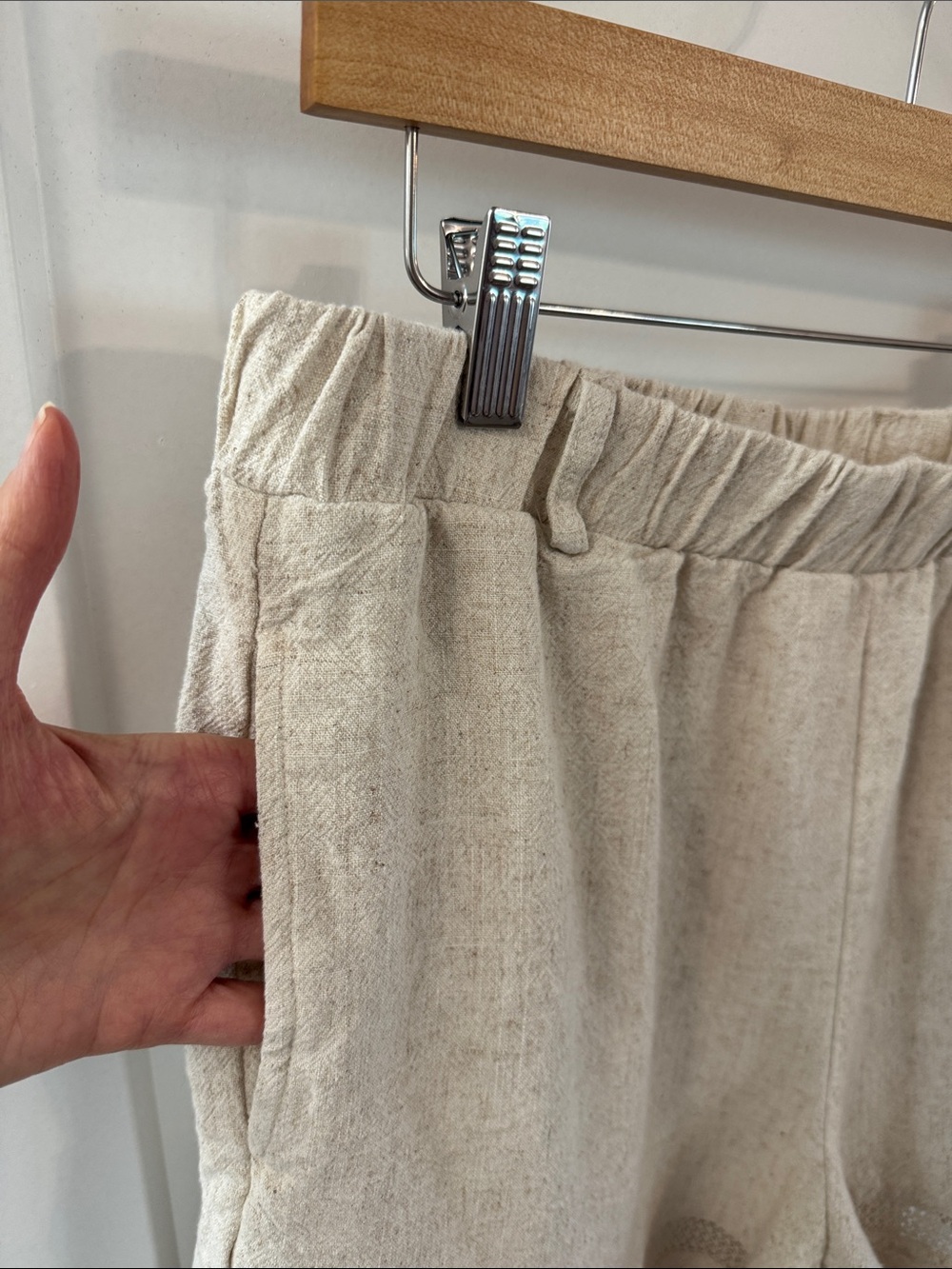 High Waist Linen Blend Womens Shorts Light Beige Openwork Trim Summer Essentials - Picture 4 of 8